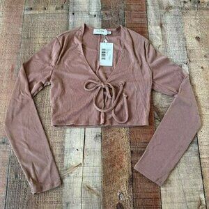 ASOS Flounce Club ribbed tie front cardigan in beige -4